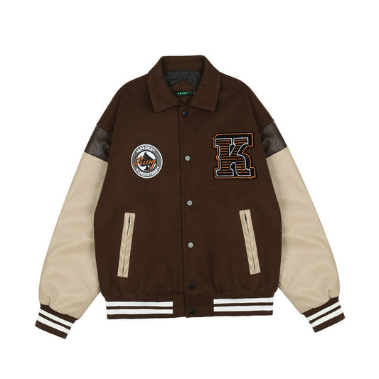 Leather Sleeve Stitching Baseball Jacket Cotton Jacket Men