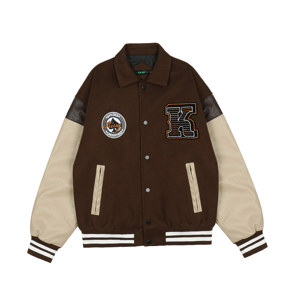 Leather Sleeve Stitching Baseball Jacket Cotton Jacket Men