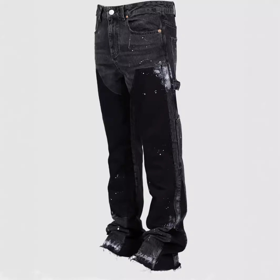 Men's Elastic Patch Denim Laminated Bell-bottom Pants