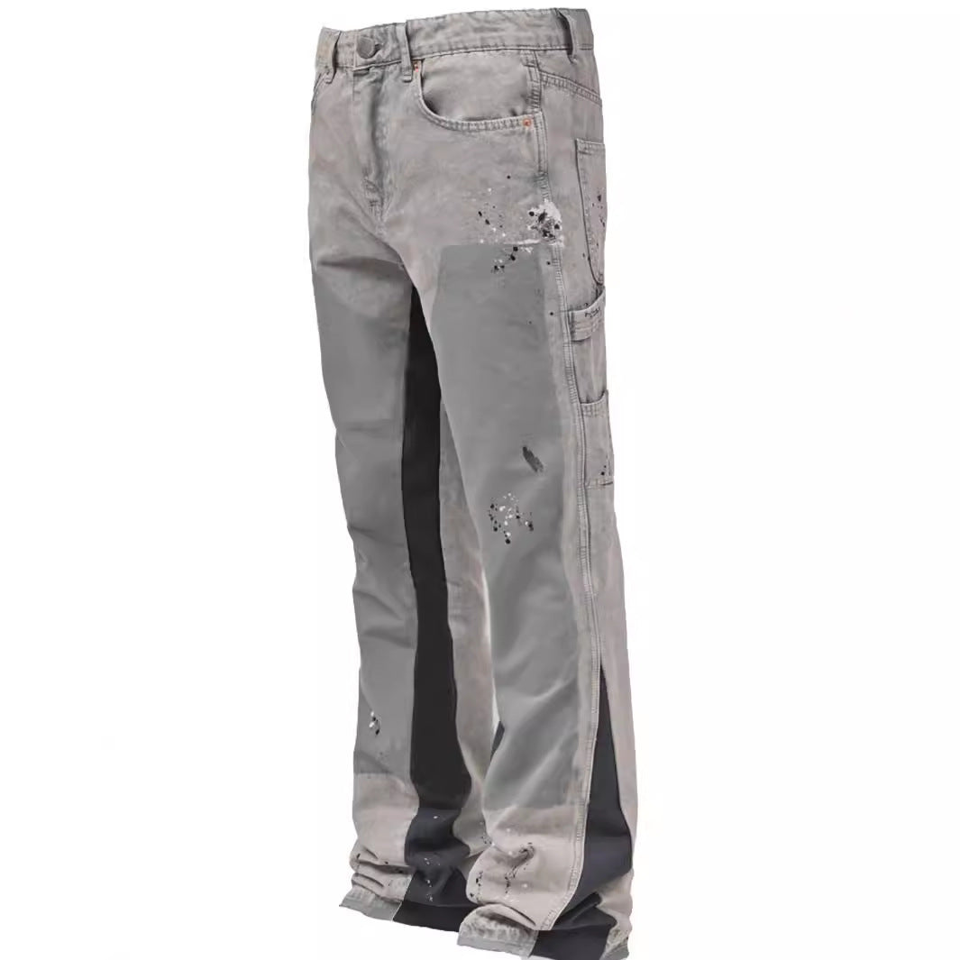 Men's Elastic Patch Denim Laminated Bell-bottom Pants